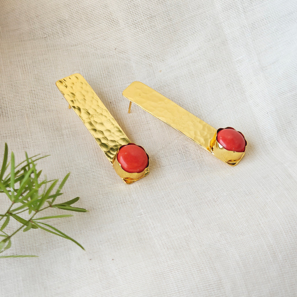 Hammered Bar Earrings with Crimson Stone
