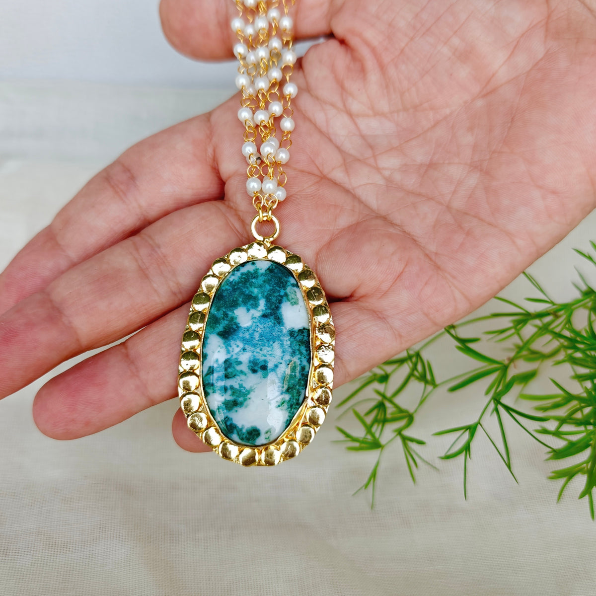 Pearl Layered Necklace with Natural Stone Pendant