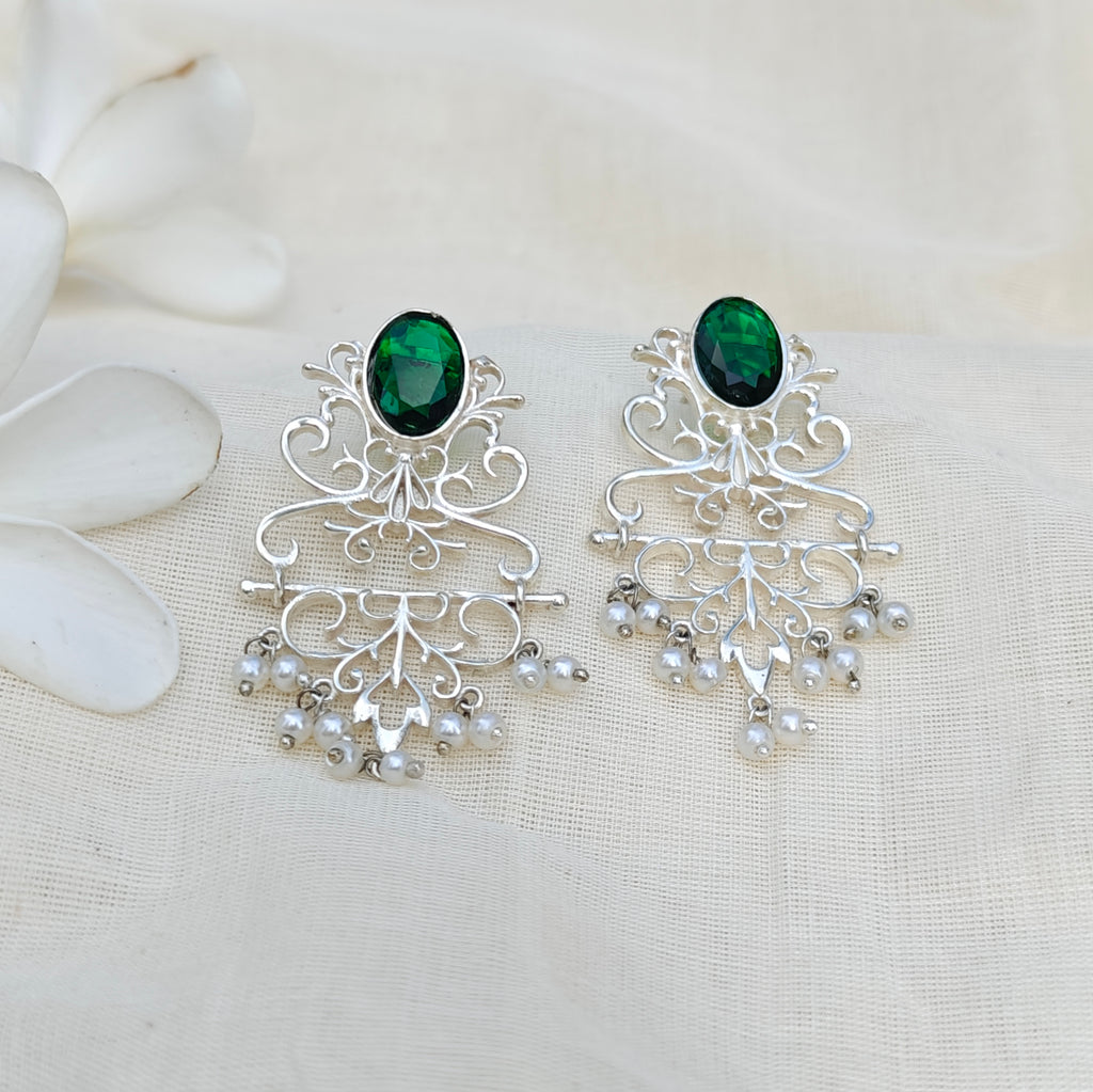Emerald Filigree Silver Chandelier Earrings