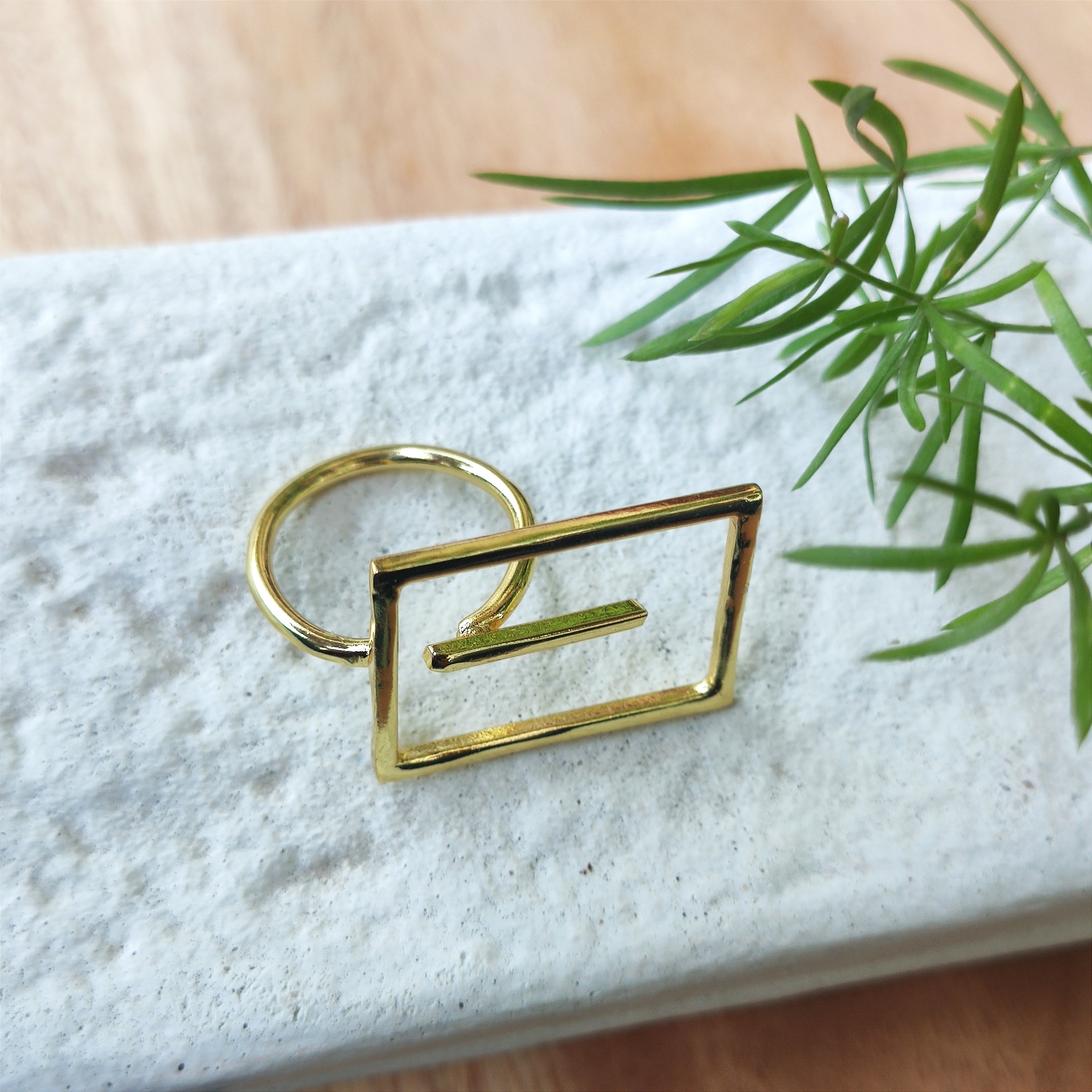 Gold rectangle two finger ring