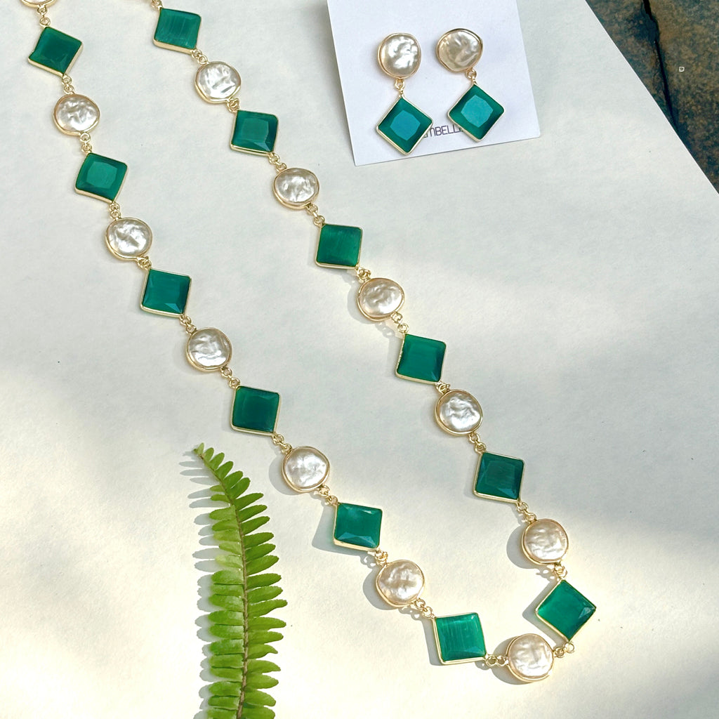 Emerald Squares and Coin Pearls Lariat necklace set