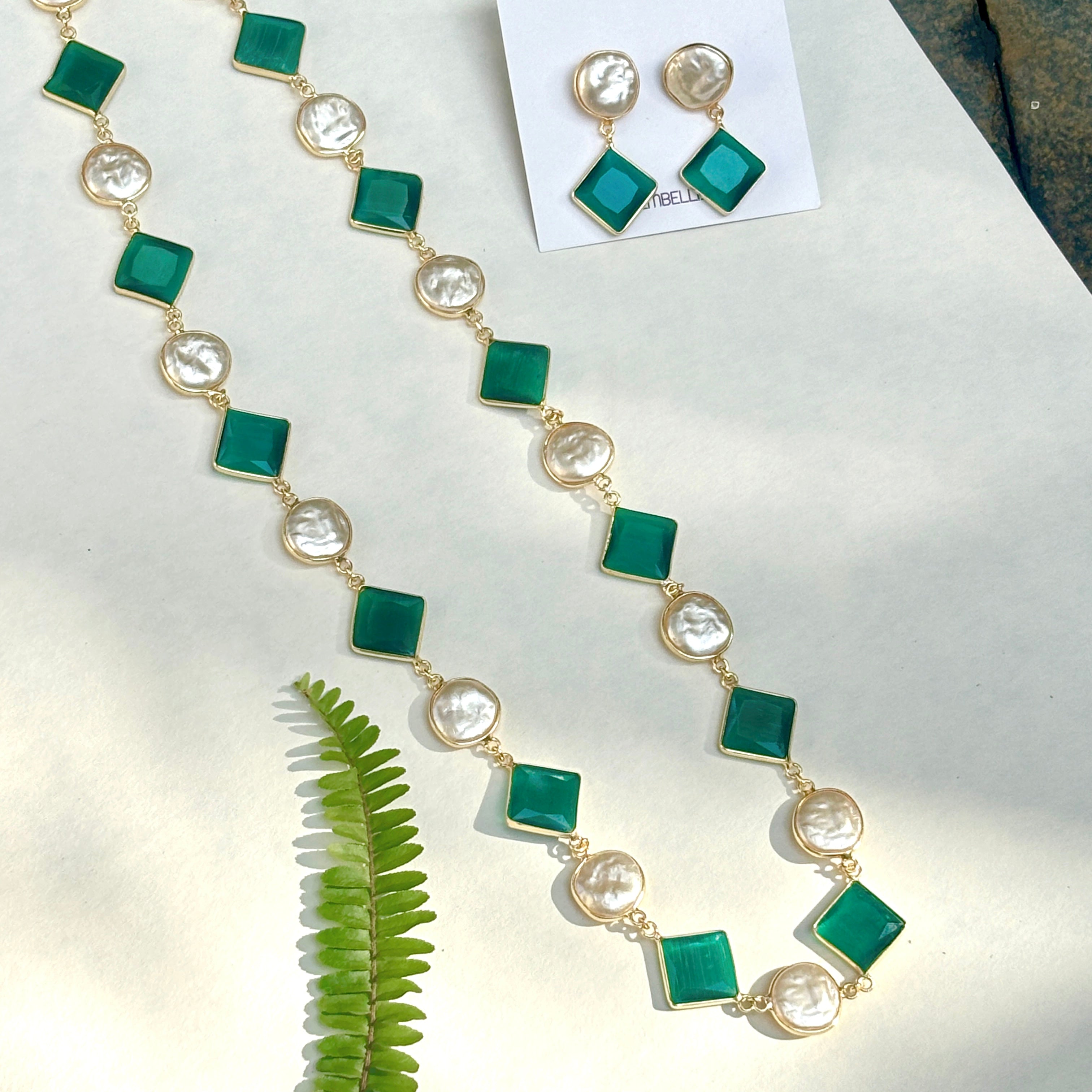 Emerald Squares and Coin Pearls Lariat necklace set