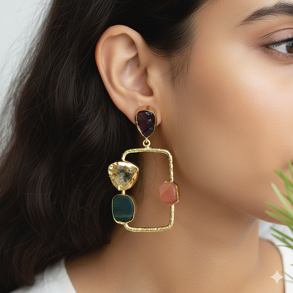 Raw Stone & Gold Hammered Rectangular Drop Earrings