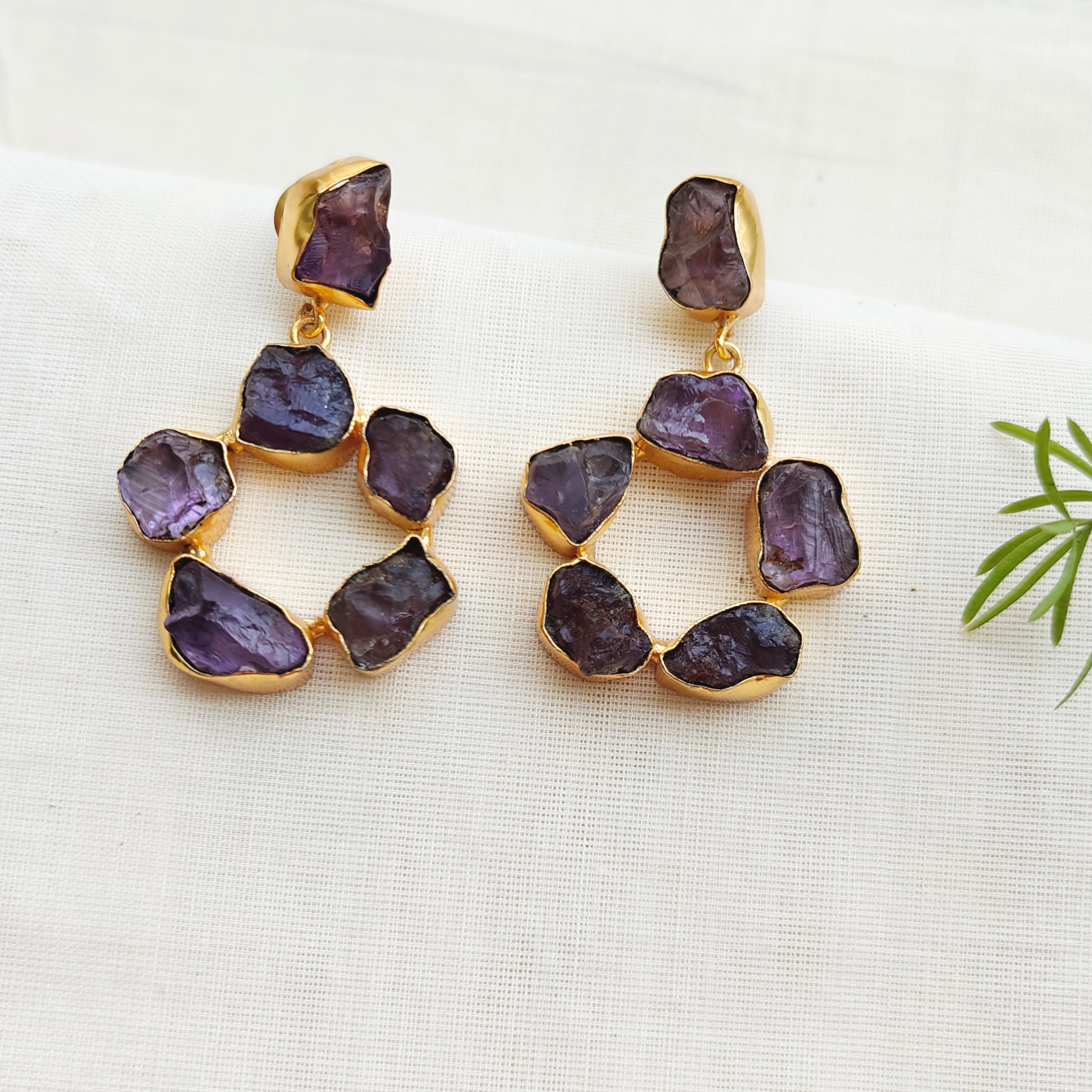 Posh uncut Amethyst stone circle drop earrings