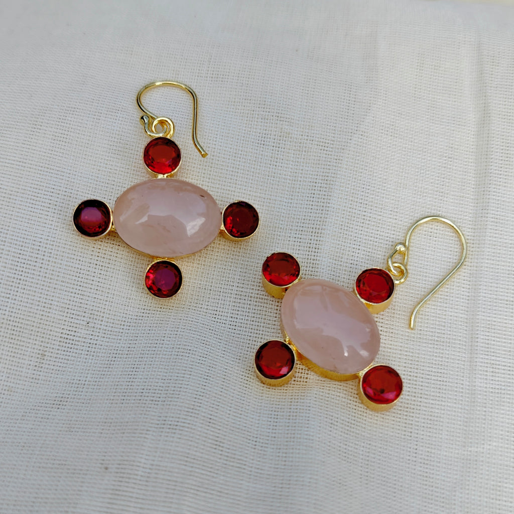 Rose Quartz & Red Stone Cross Drop Earrings