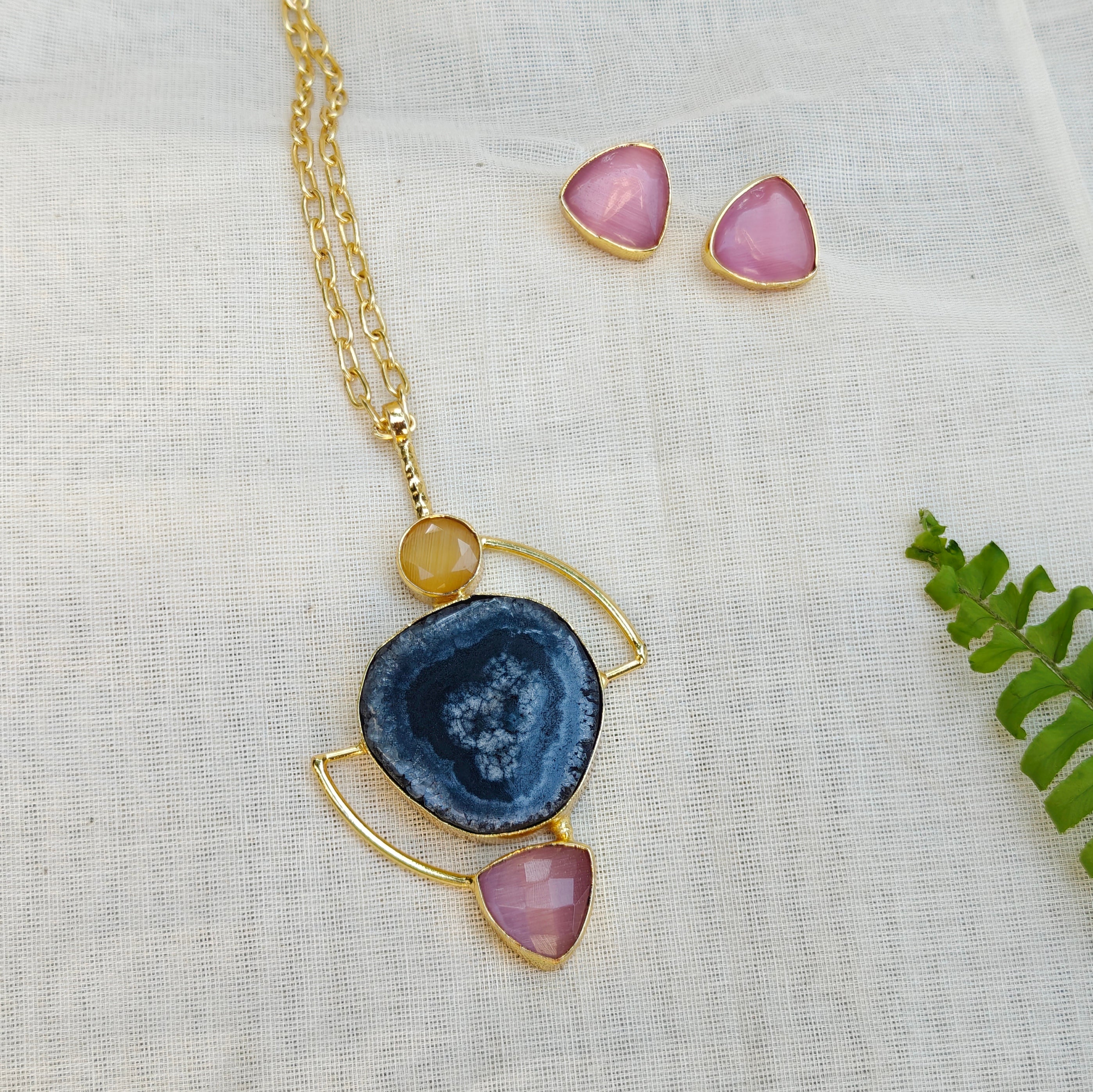 Black Geode Statement Pendant Necklace Set