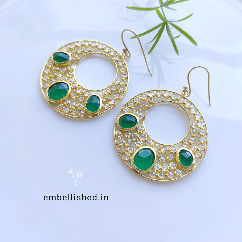 92.5 Sterling Silver Crystal Polki large round danglers - Gold, Green