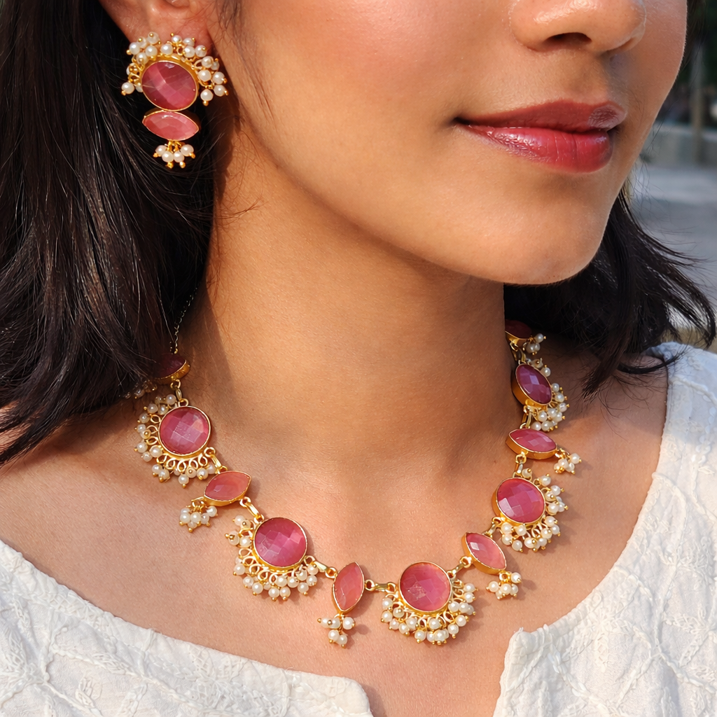 Pink Blushing Petals Pearl Necklace set