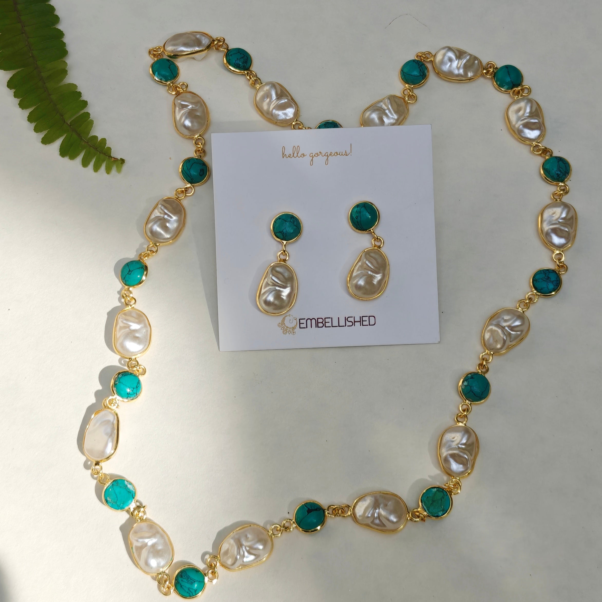 Turquoise beads and Irregular Pearls Lariat necklace set