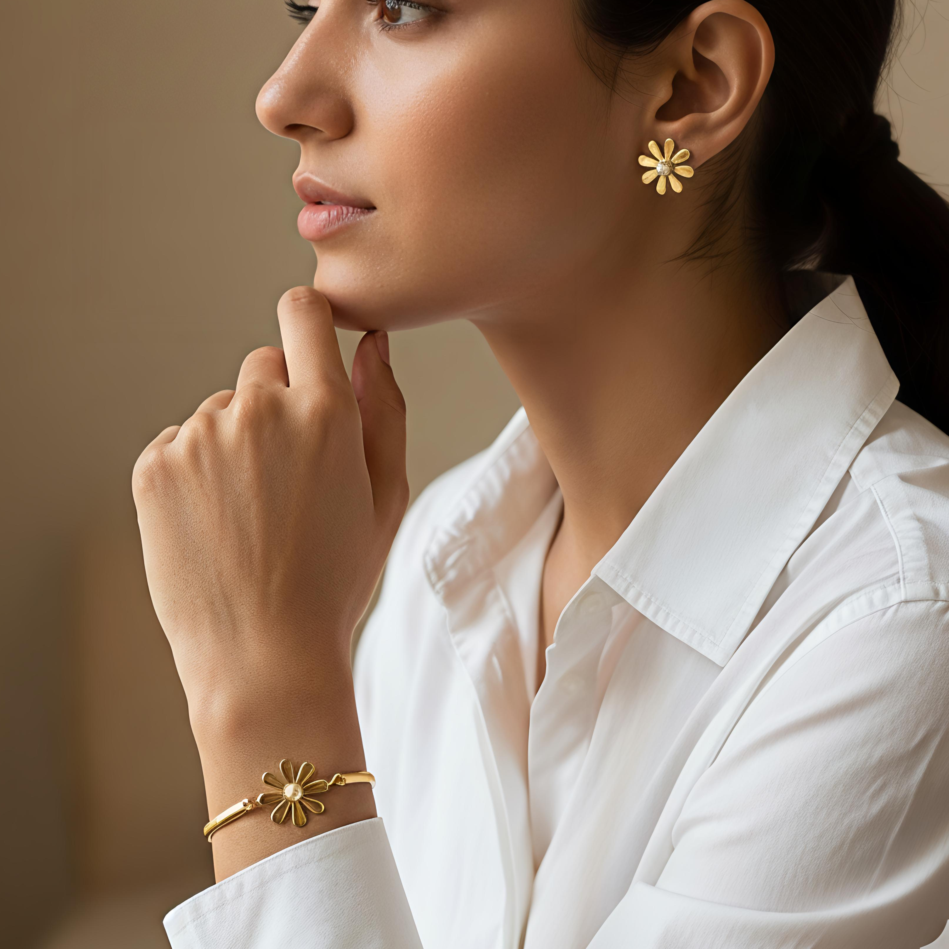 Golden Daisy Pearl Bracelet & Earrings Set