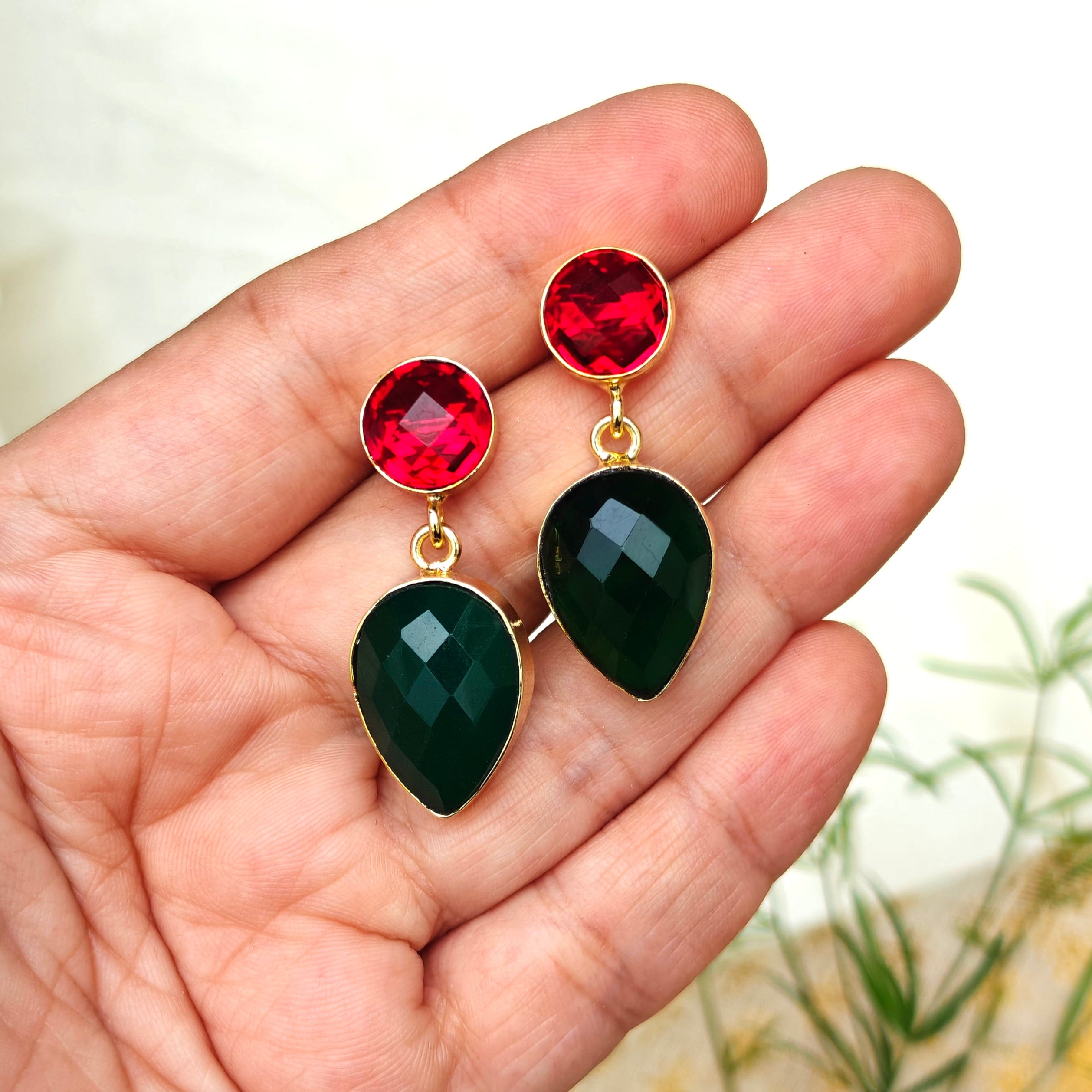 Two Stones Drop Earrings - red green