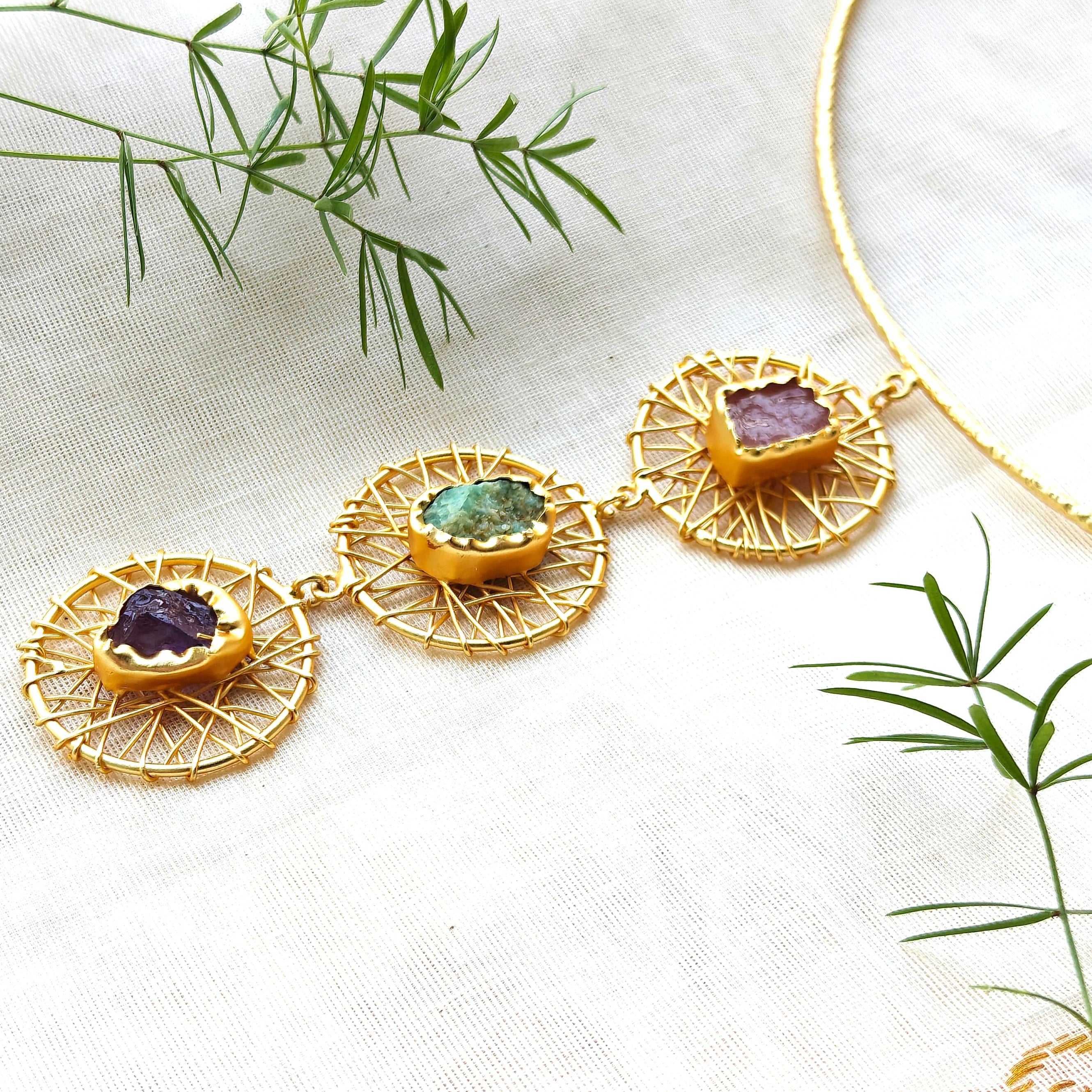 Aurora raw stones wire wrapped hasli set