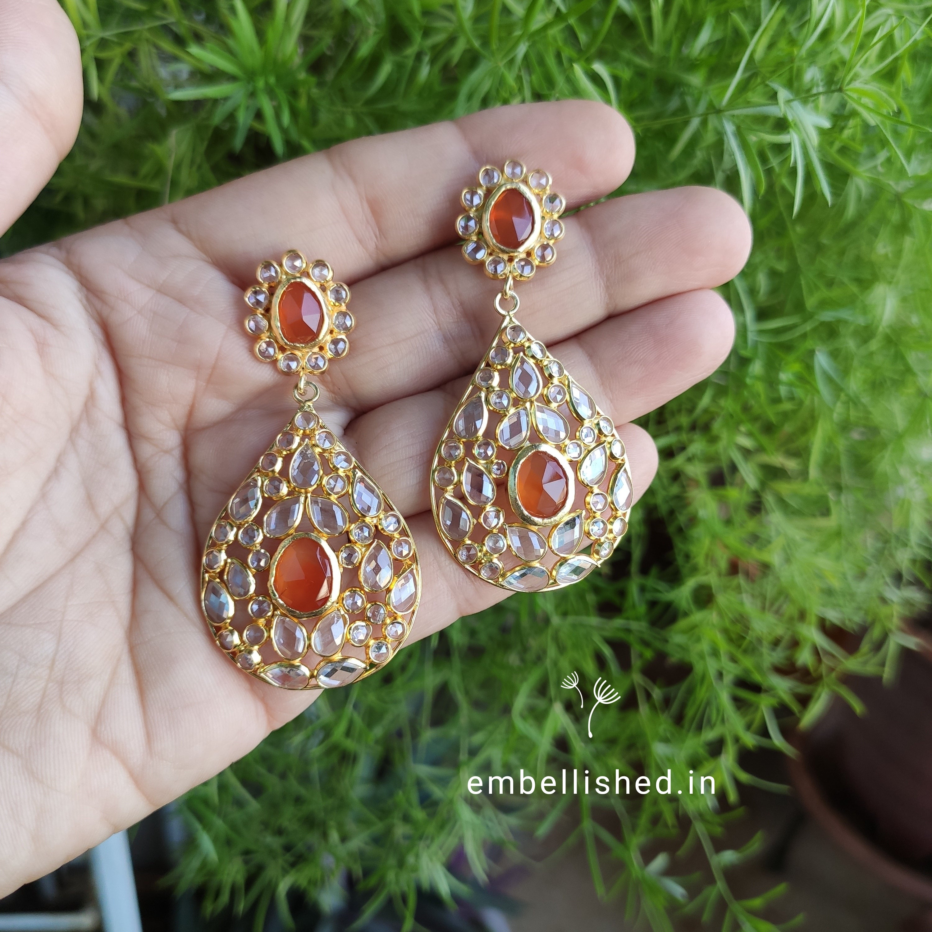 92.5 Sterling Silver Crystal Polki large dewdrop chandeliers - Gold, Orange