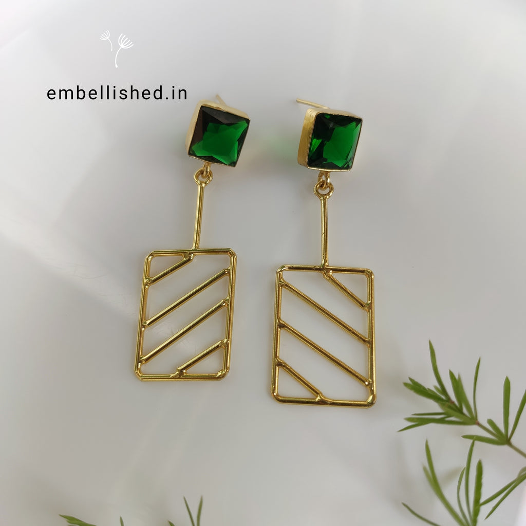 Geometric grid drop earrings - emerald