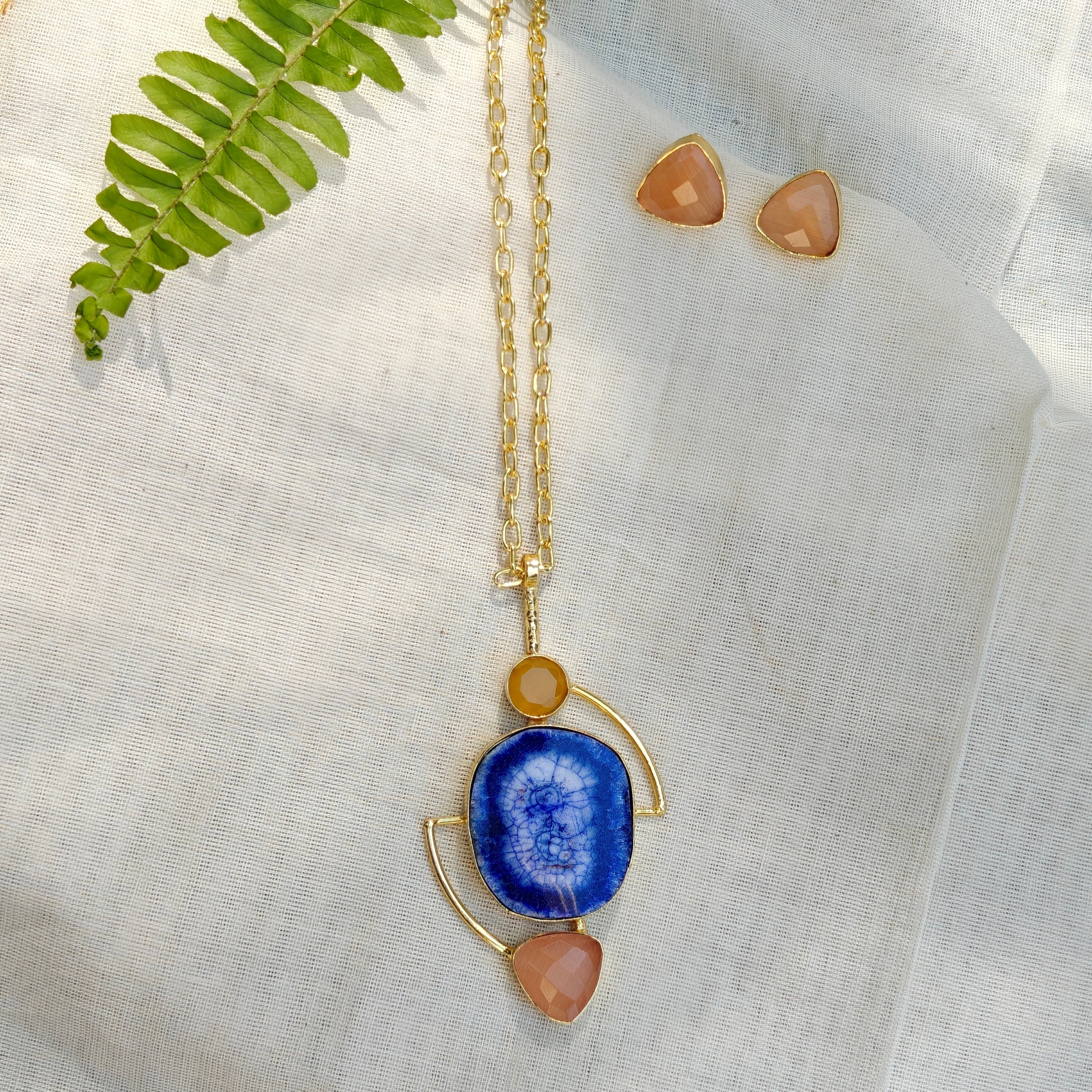 Blue Geode Statement Pendant Necklace Set