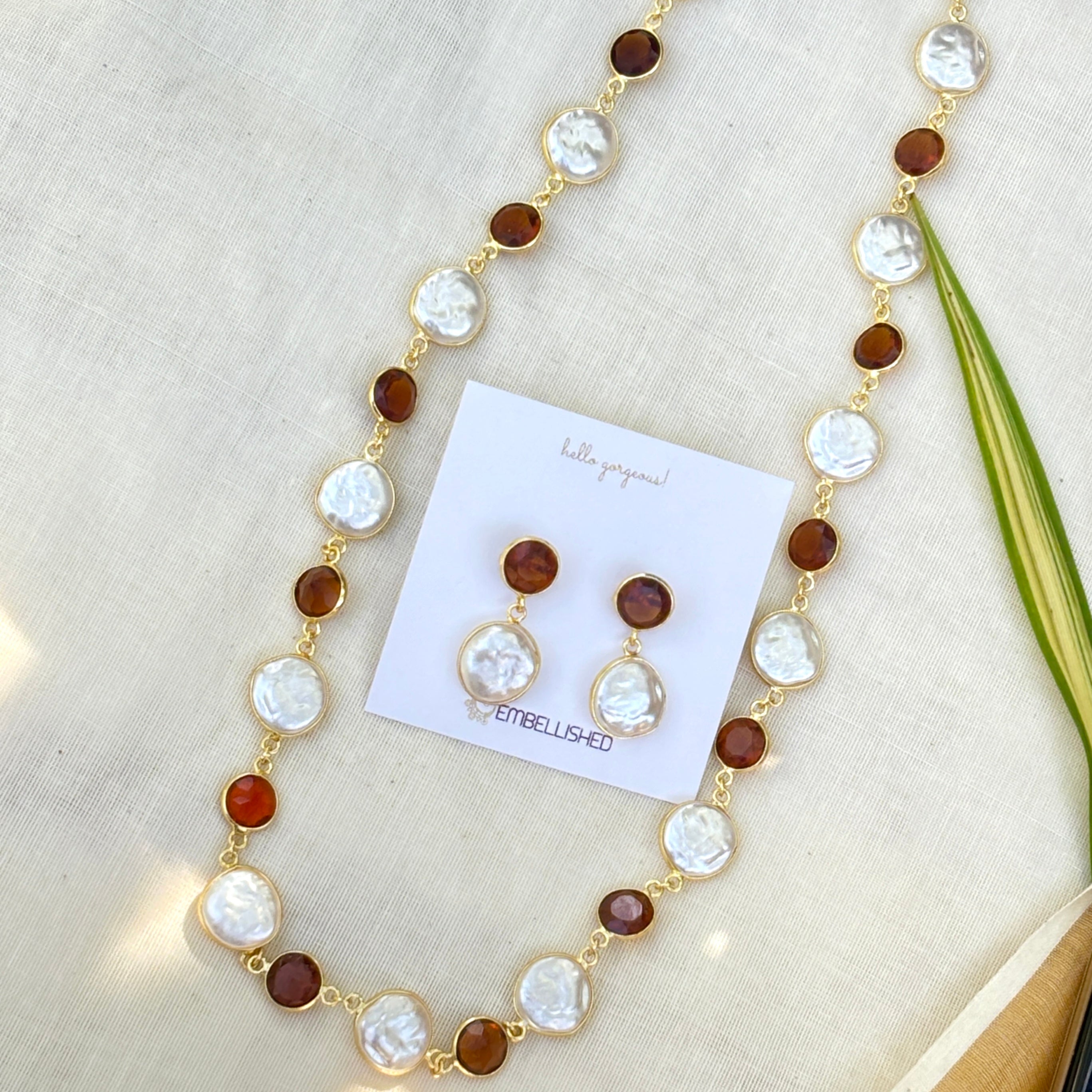 Caramel beads and Coin Pearls Lariat necklace set