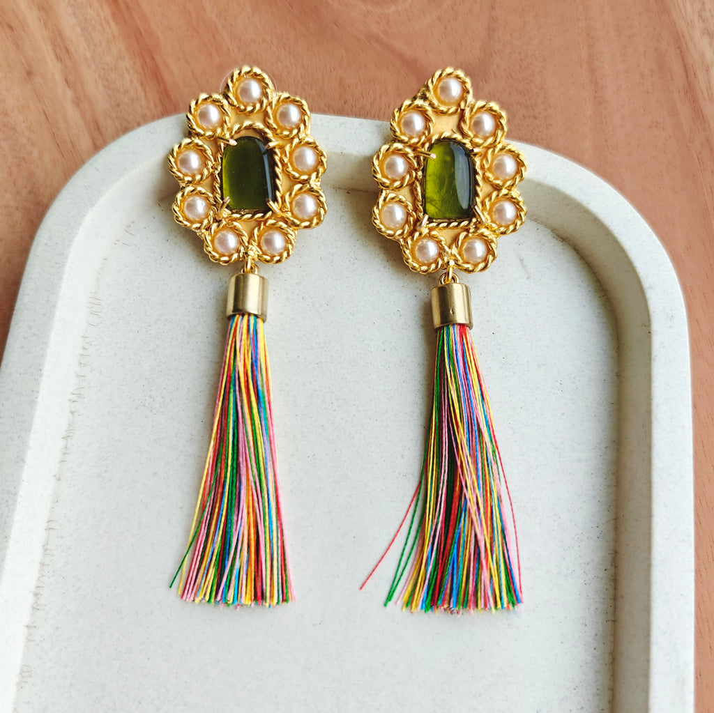 Large Bohemian studded earrings with thread tassels