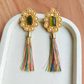 Large Bohemian studded earrings with thread tassels