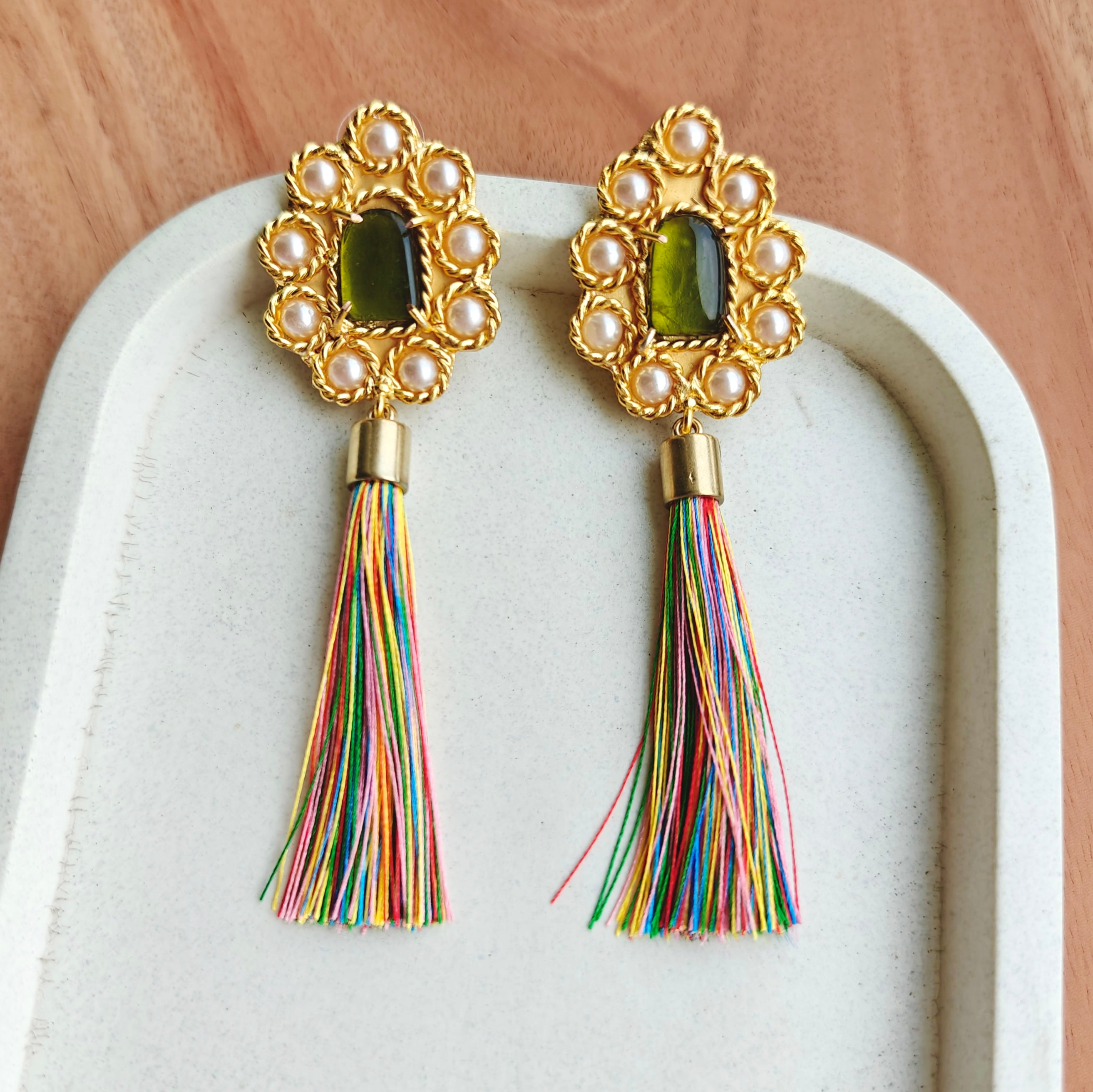 Large Bohemian studded earrings with thread tassels