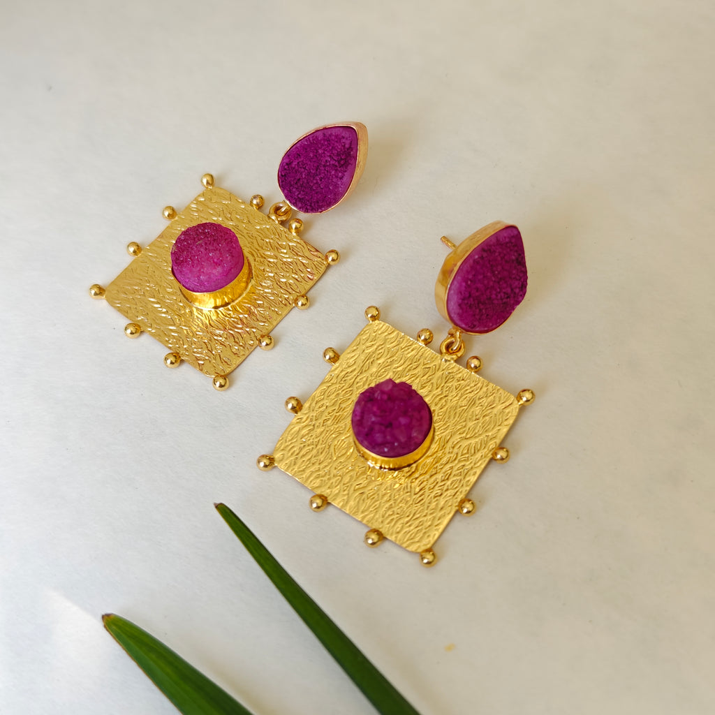 Artisan Hammered Gold and Fuchsia Druzy Statement Earrings