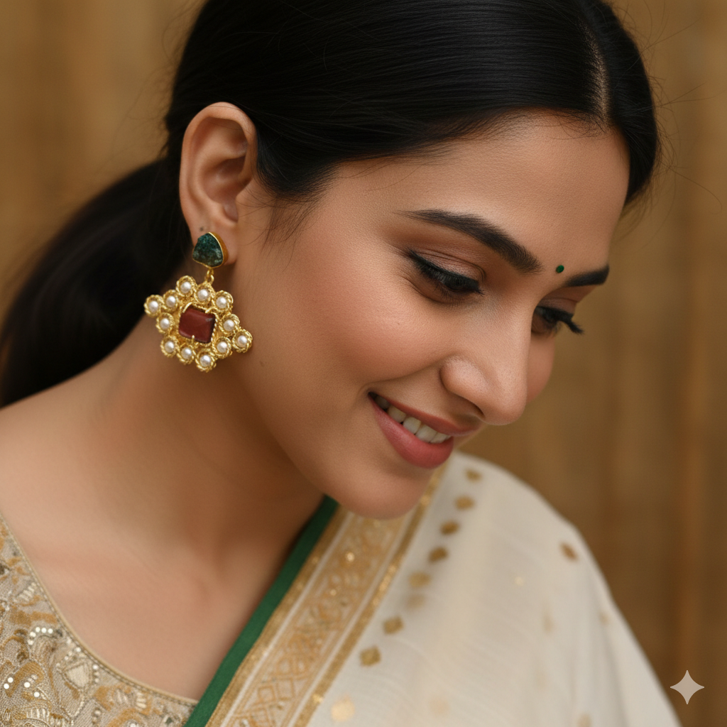 Large Bohemian studded drop earrings