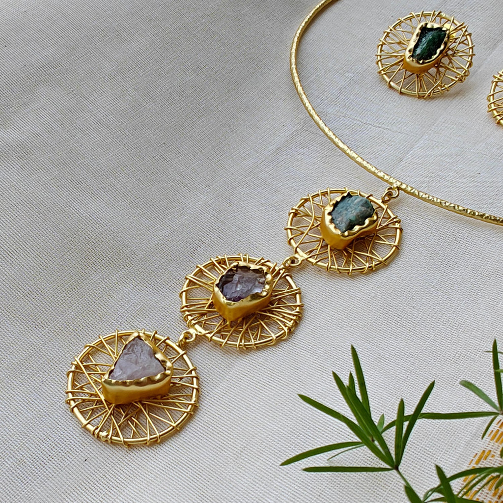 Aurora raw stones wire wrapped hasli set