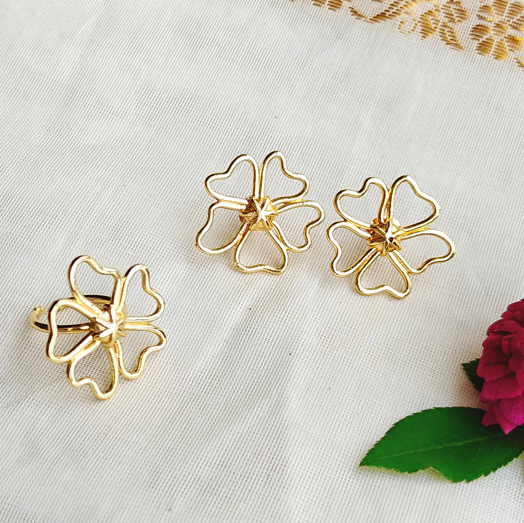 Heart-Petal Studs with Finger Ring