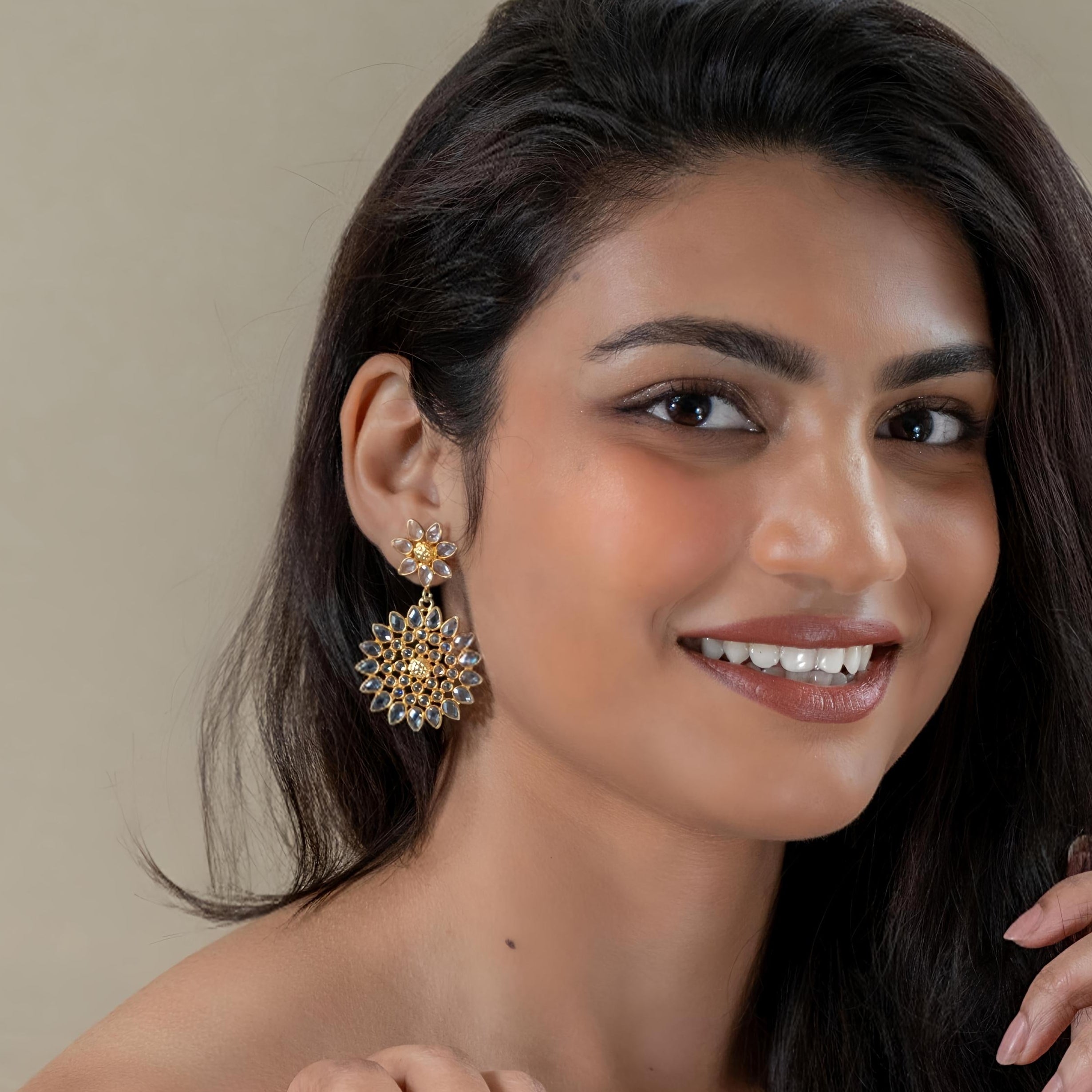 92.5 Sterling Silver Crystal Polki large chandelier balis - Gold