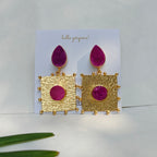 Artisan Hammered Gold and Fuchsia Druzy Statement Earrings