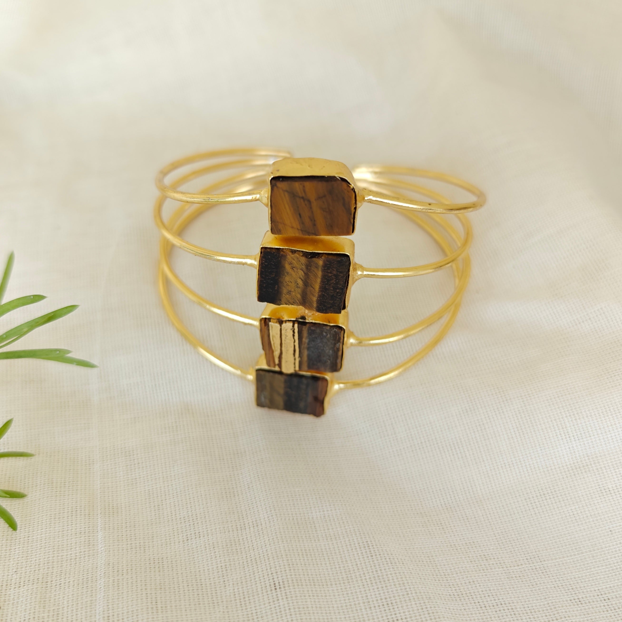 Four-Tier Raw Stone Stacked Cuff - Tiger's Eye