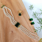 Minimal layered pearls choker set - emerald