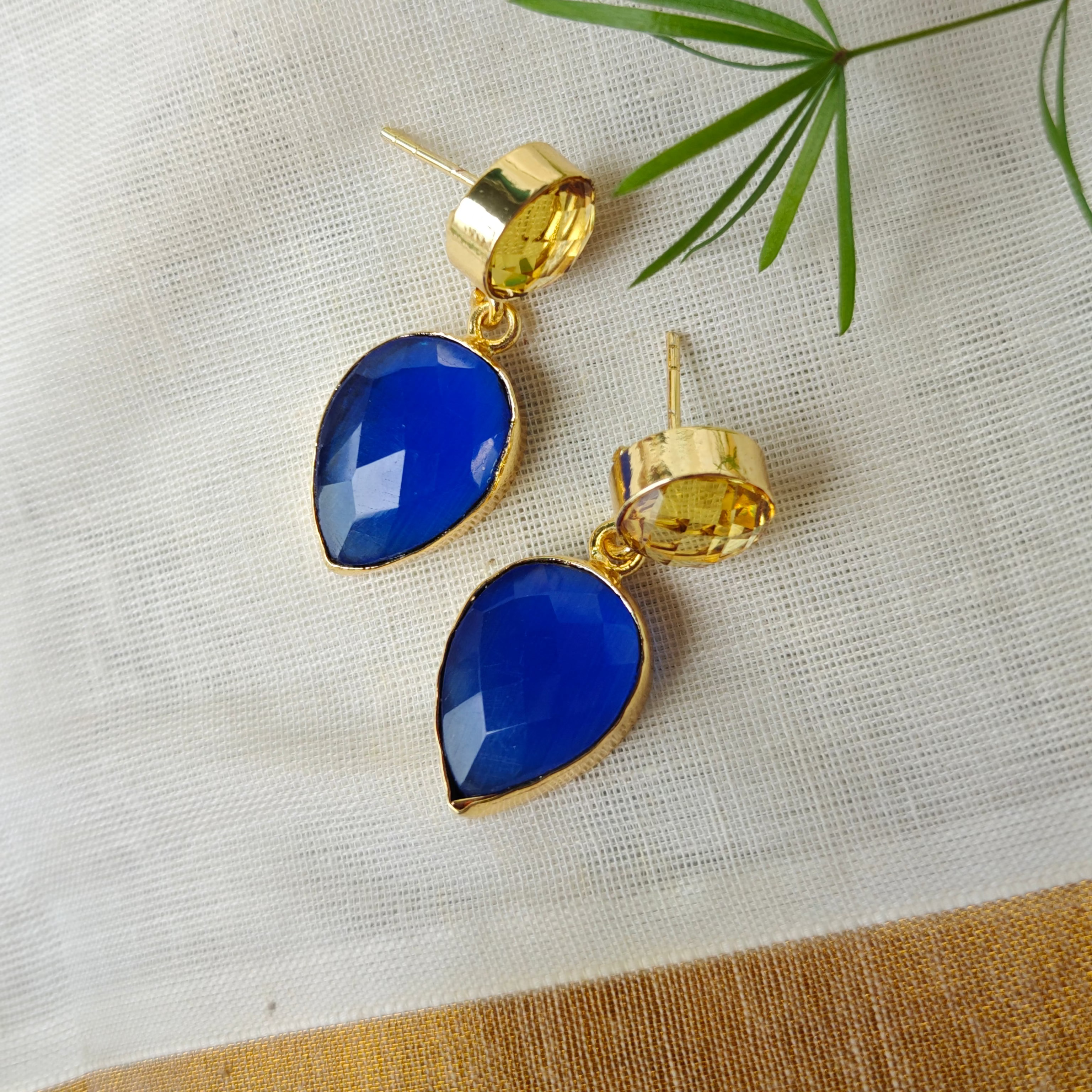 Two Stones Drop Earrings - yellow blue