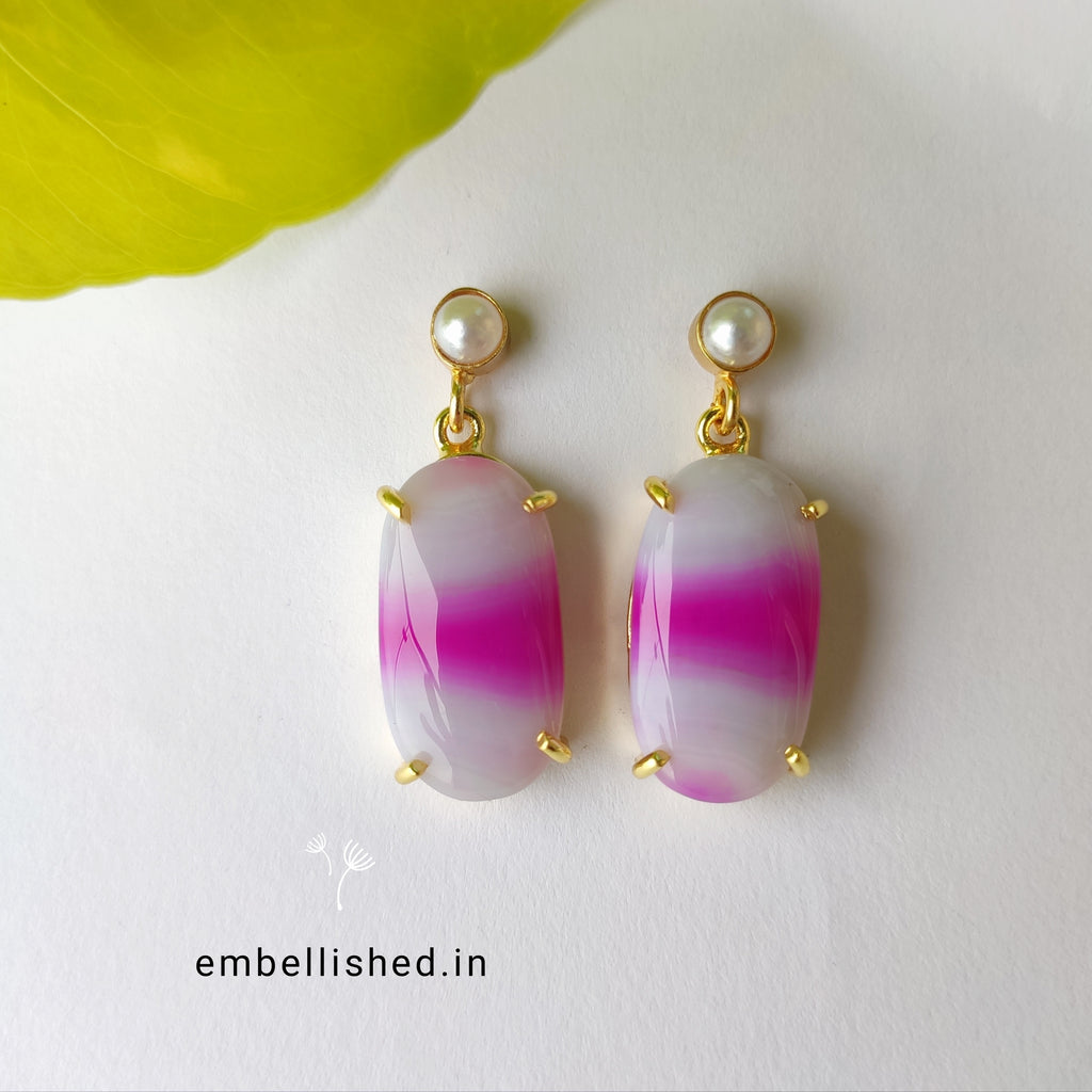 Chalcedony candy drop earrings with pearl - white pink