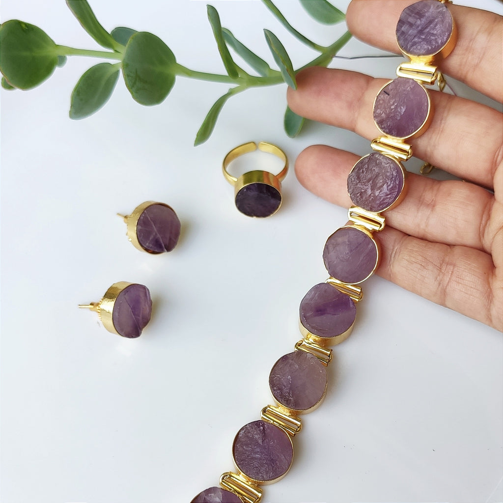 Raw stone Buttons and Links choker set - Amethyst