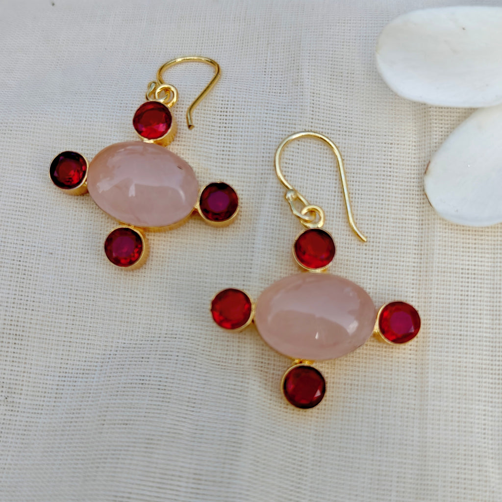 Rose Quartz & Red Stone Cross Drop Earrings