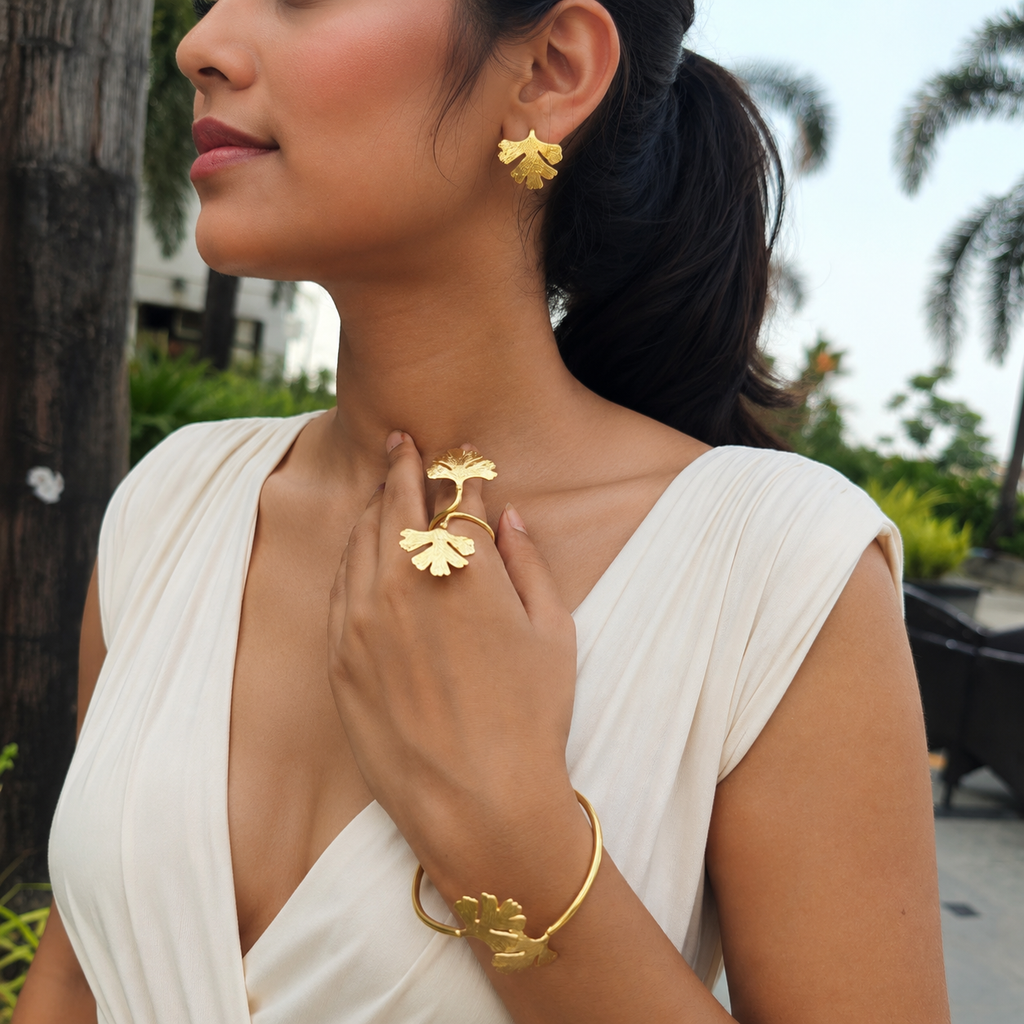 Textured Leaf Bangle, Earrings and Statement Ring Set