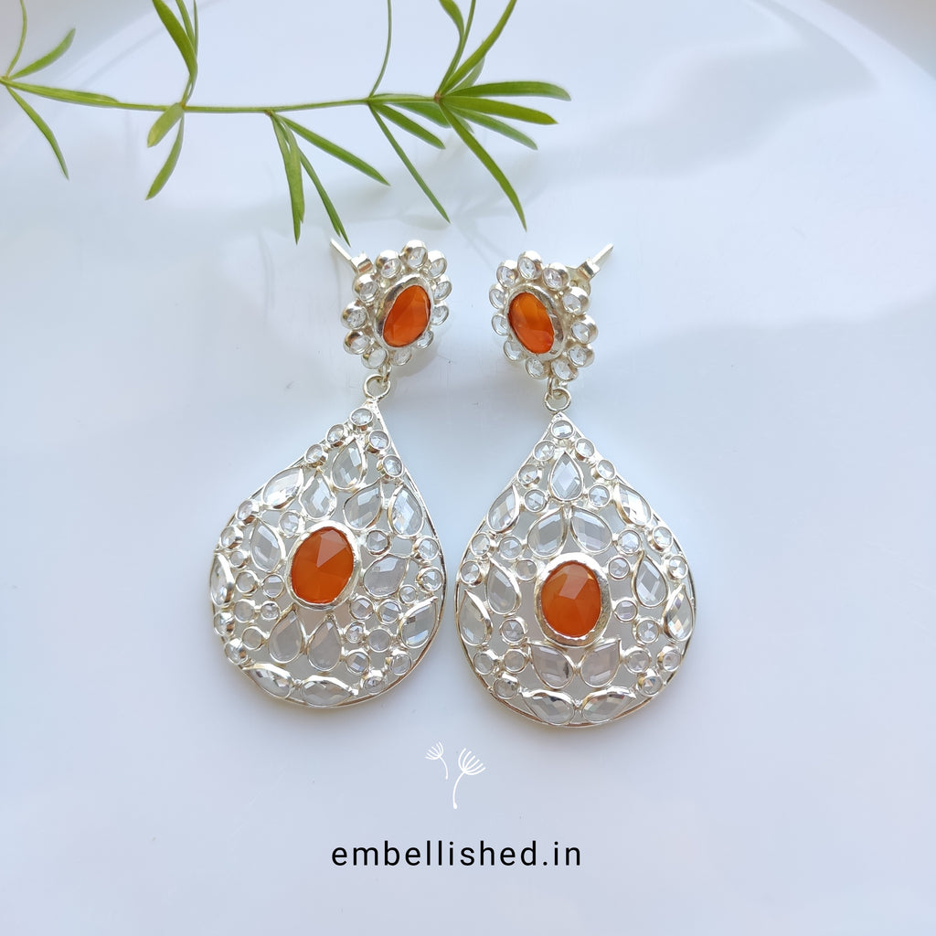 92.5 Sterling Silver Crystal Polki large dewdrop chandeliers - Silver, Orange