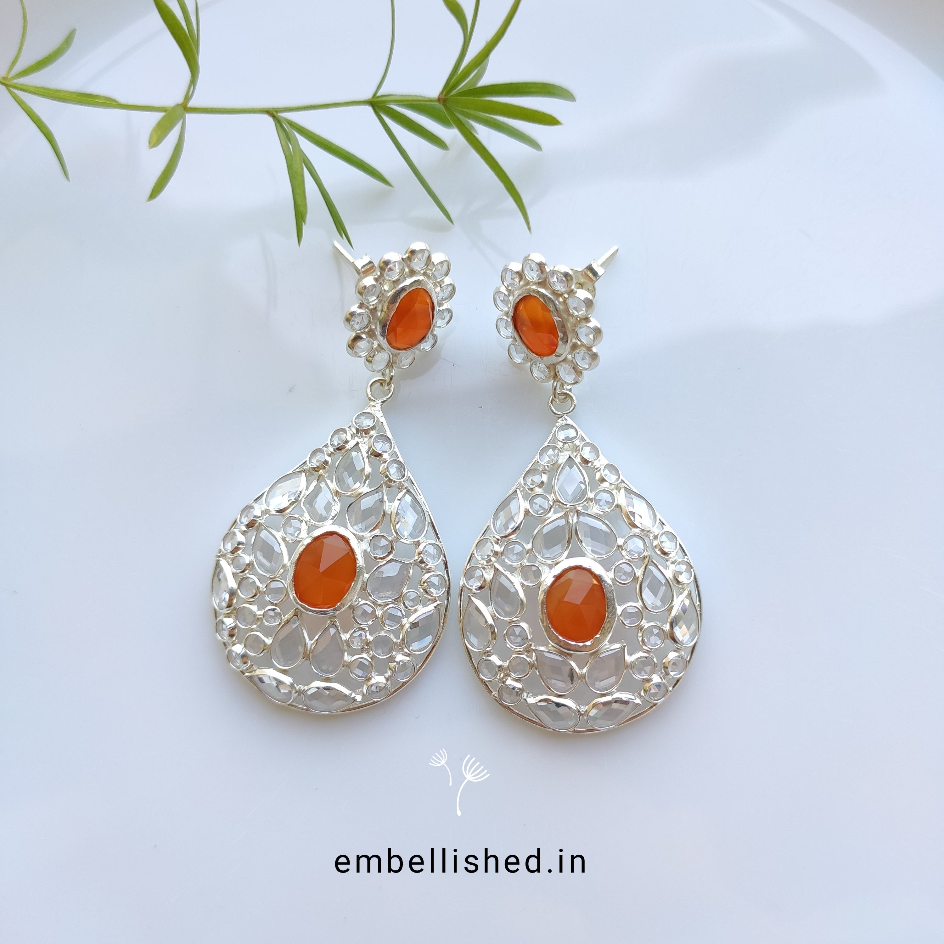 92.5 Sterling Silver Crystal Polki large dewdrop chandeliers - Silver, Orange