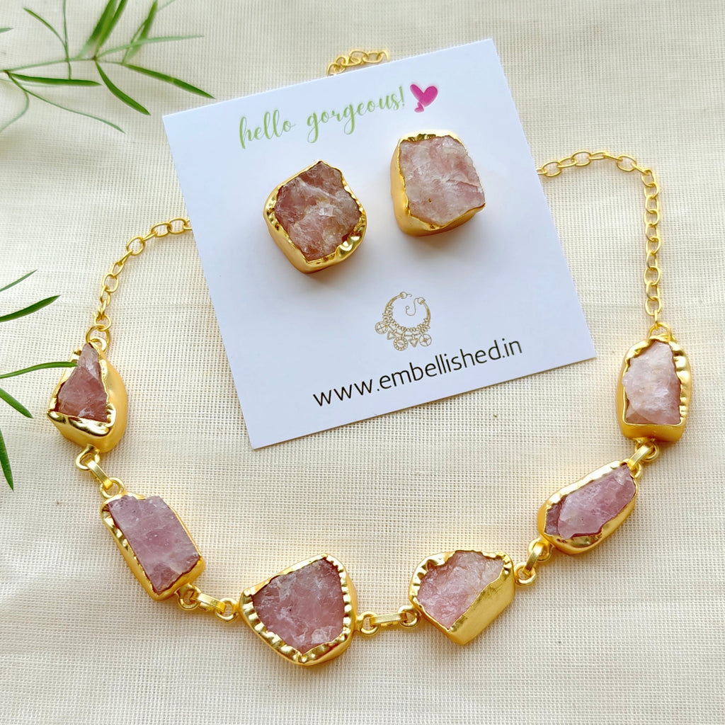 Rose quartz nuggets choker with studs