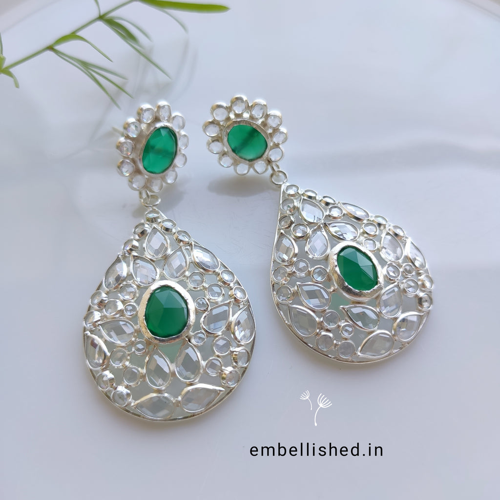 92.5 Sterling Silver Crystal Polki large dewdrop chandeliers - Silver, Green