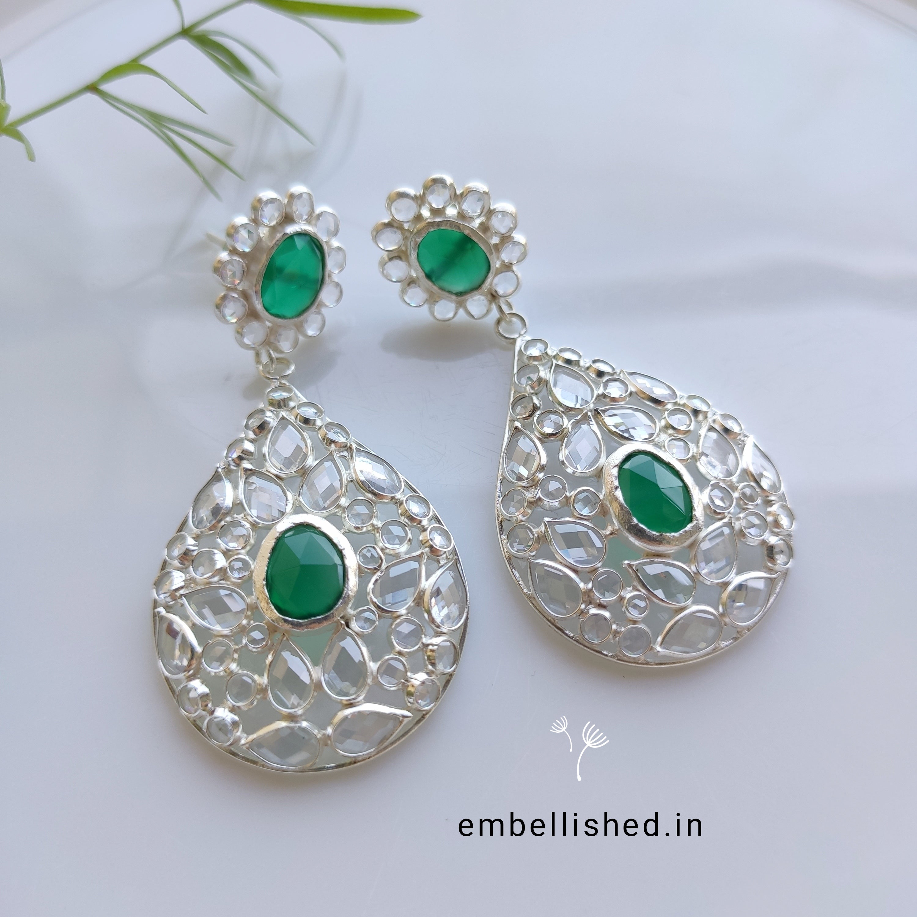 92.5 Sterling Silver Crystal Polki large dewdrop chandeliers - Silver, Green