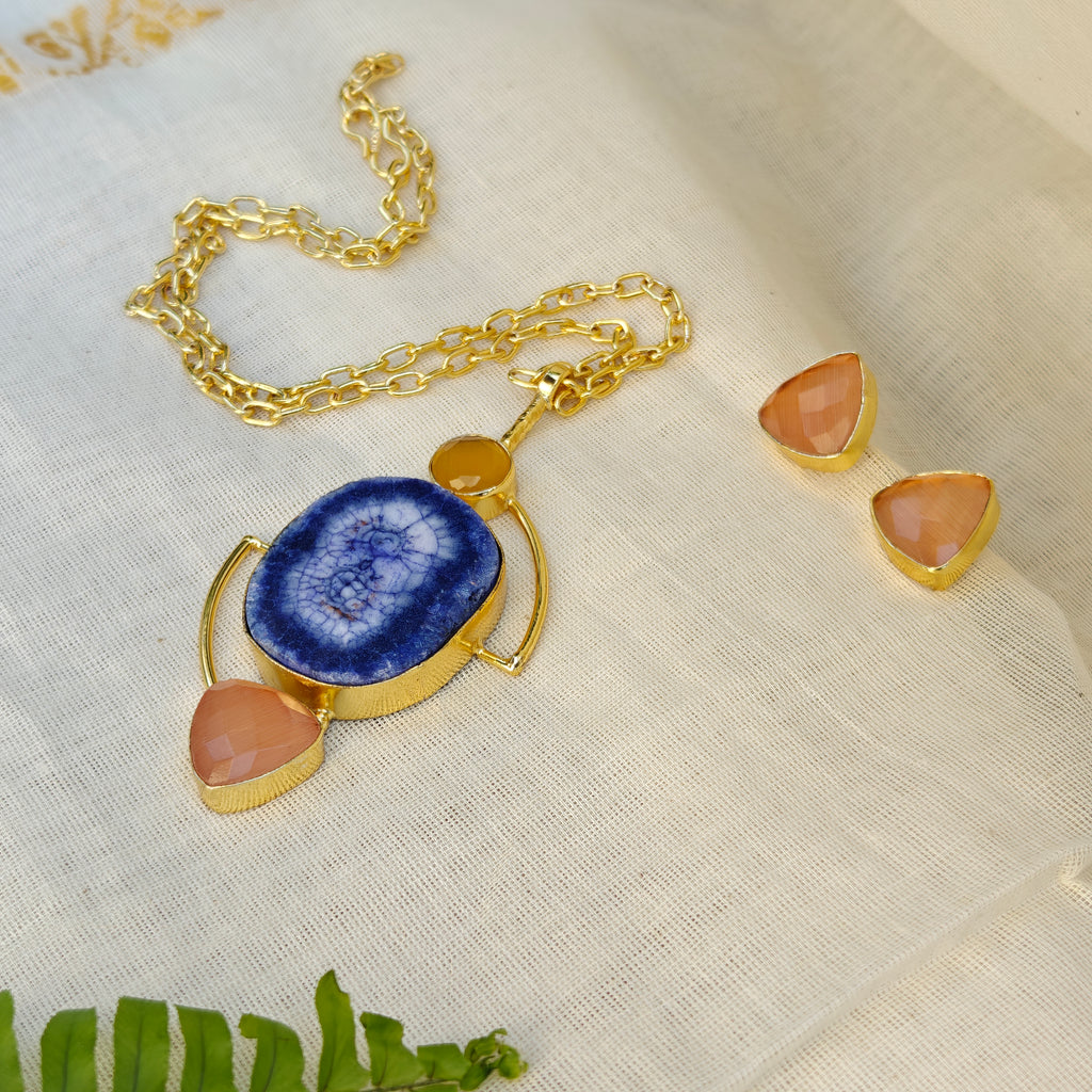 Blue Geode Statement Pendant Necklace Set