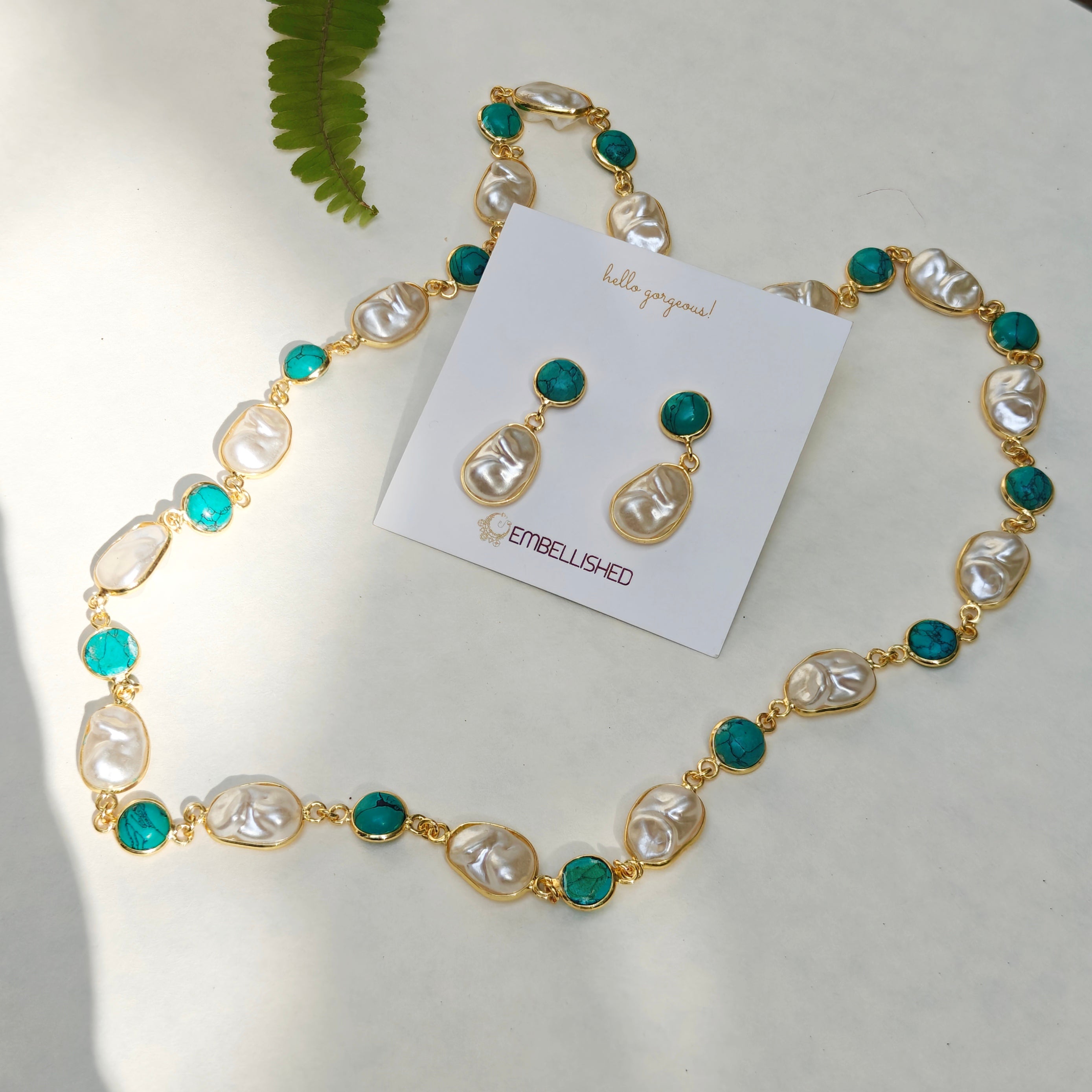 Turquoise beads and Irregular Pearls Lariat necklace set