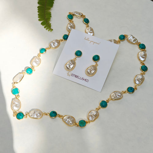 Turquoise beads and Irregular Pearls Lariat necklace set