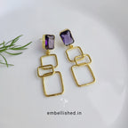 Interlinked purple and gold squares drop earrings