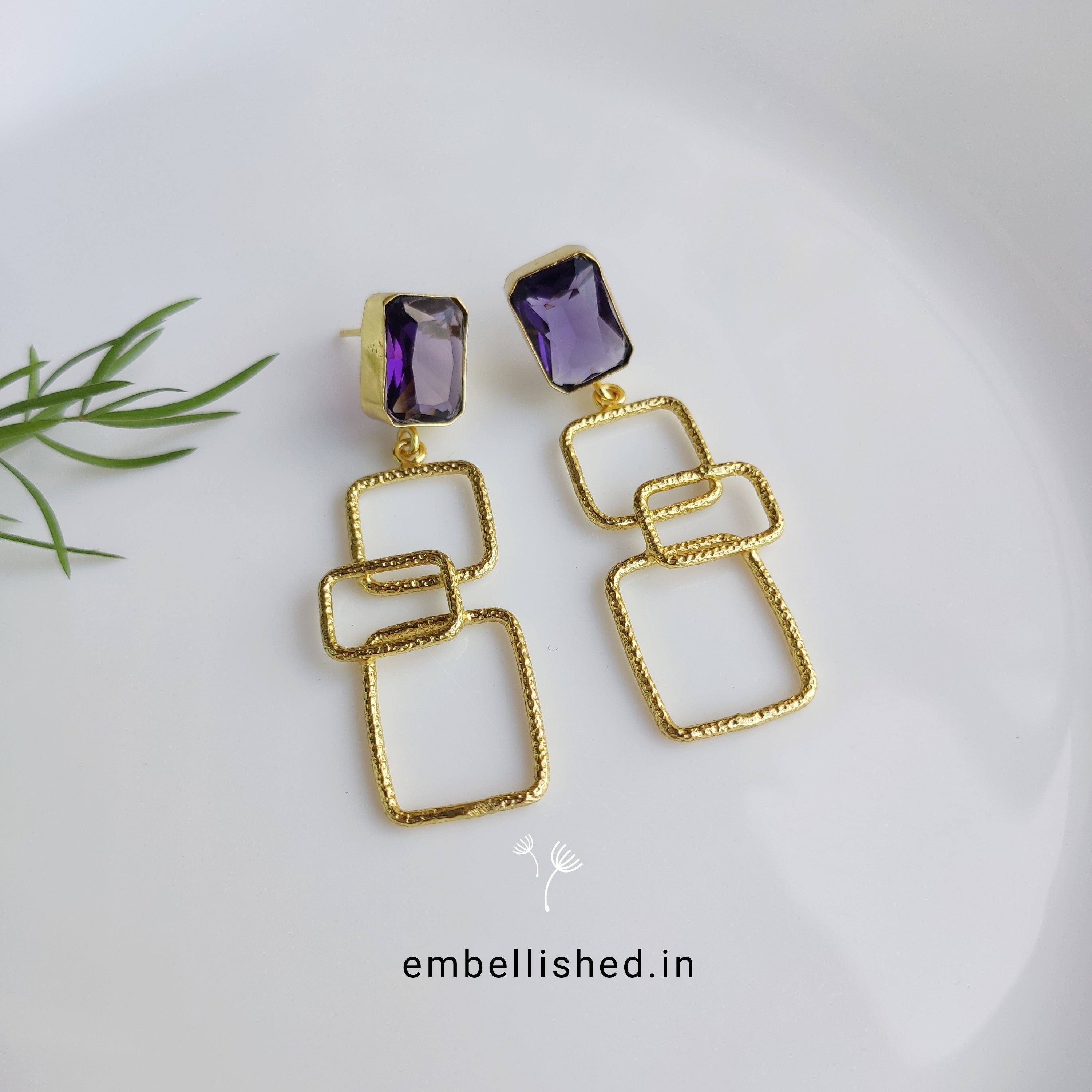 Interlinked purple and gold squares drop earrings