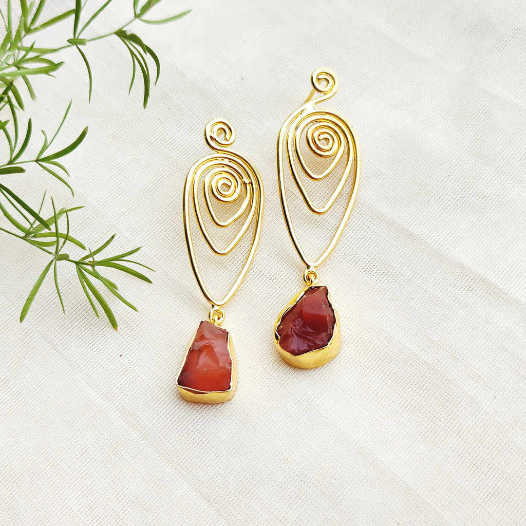 Raw Carnelian Spiral Drop Earrings
