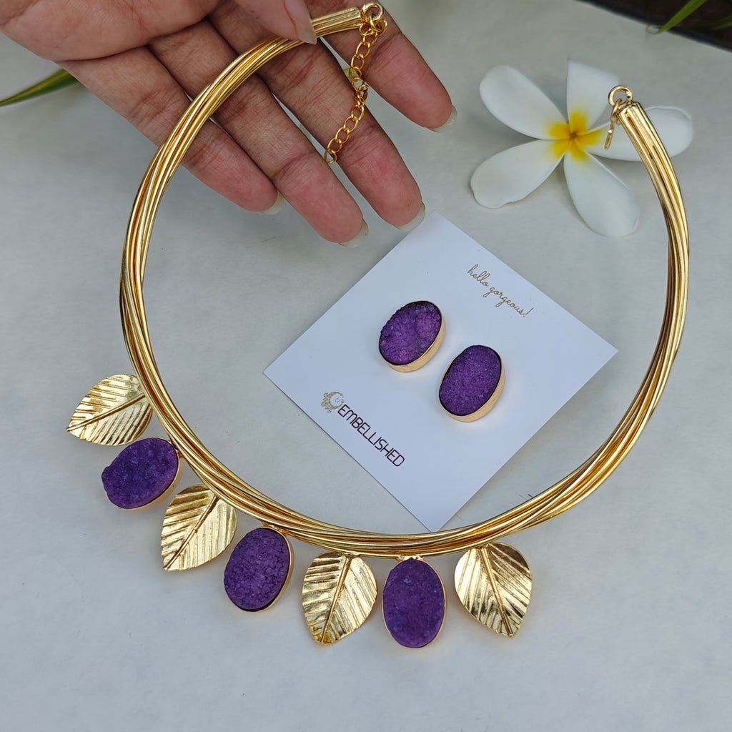 Purple Druzy Leaf Collar Necklace Set