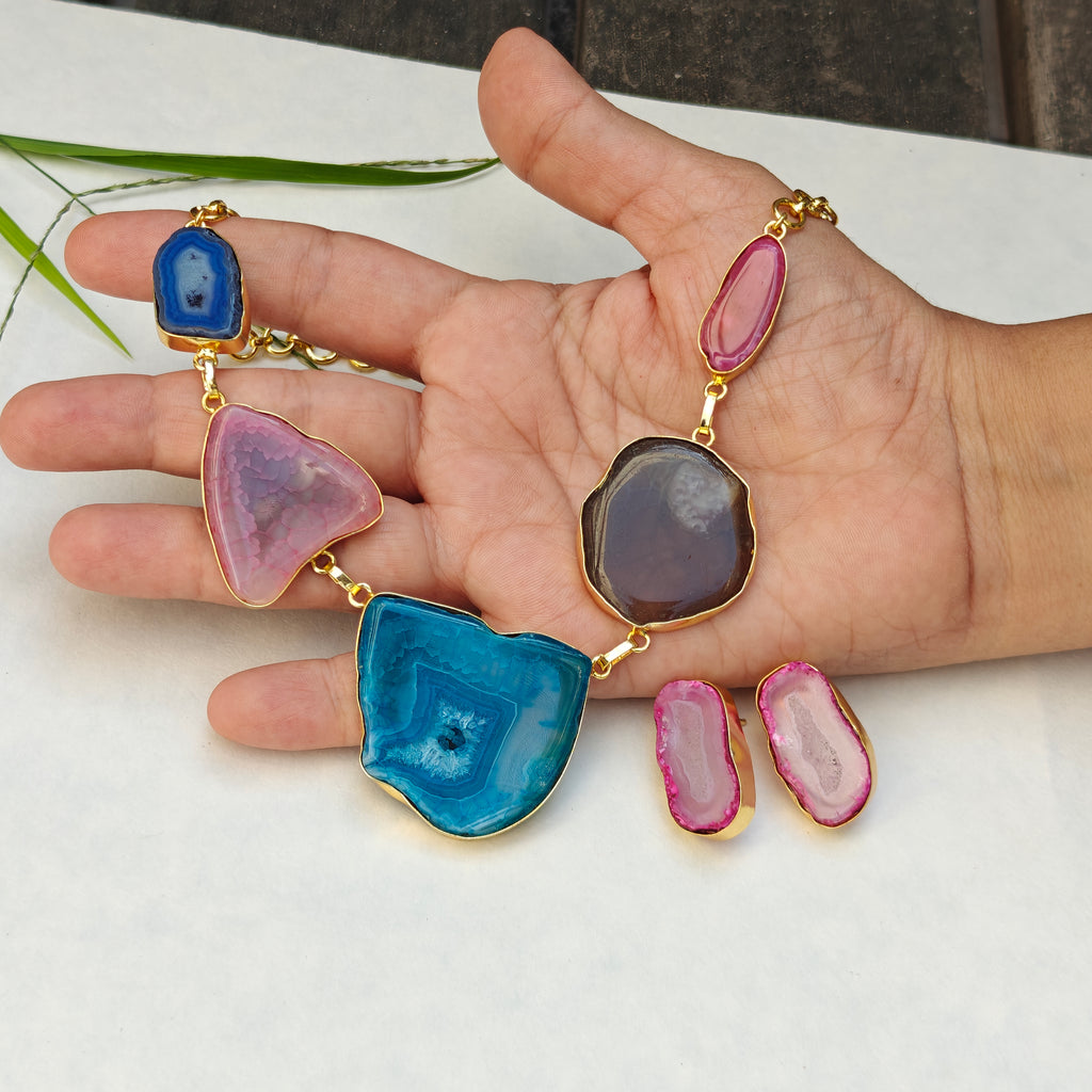 Agate Slice Necklace set - blue