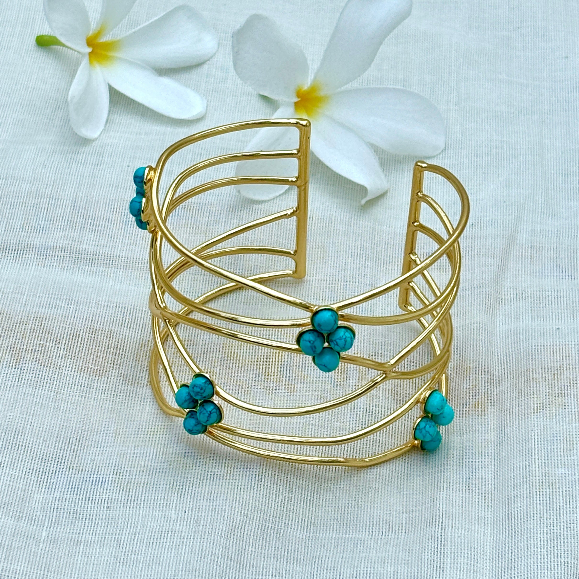 Turquoise Cluster Gold Cuff Bracelet